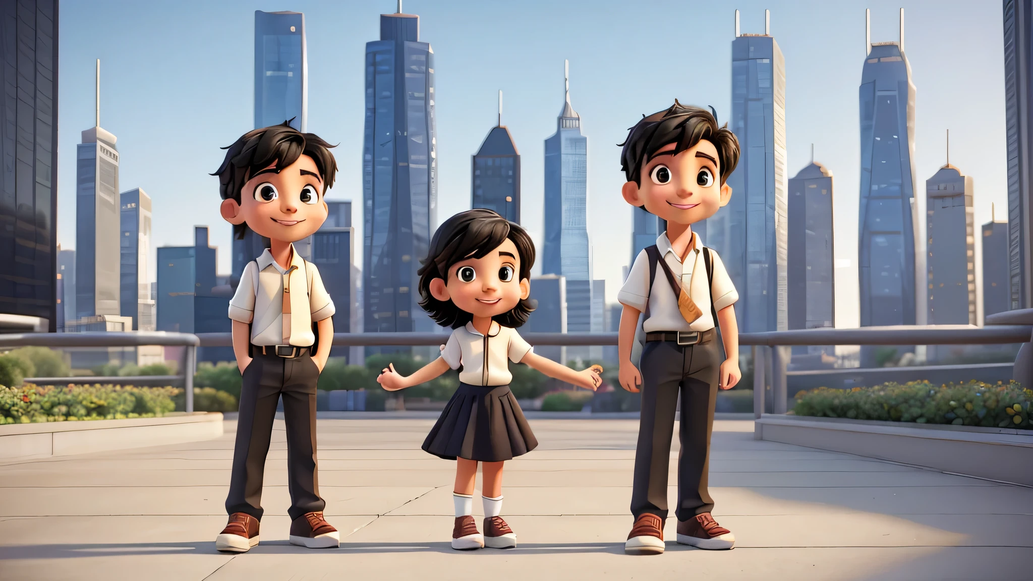 a young boy and girl in a modern city, happy, smiling, black hair, standing, full body, looking at camera, cityscape, skyscrapers, modern architecture, glass buildings, sunlight, warm lighting, realistic, photorealistic, photo-realistic:1.37, 8k, highly detailed, masterpiece:1.2, cinematic, dramatic, atmospheric