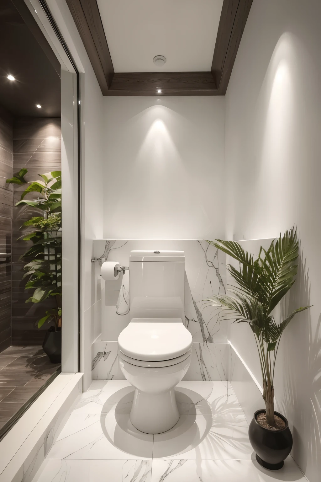 ((best qualityer)), ((work of art)), (detailded), restroom, white quartzite , white quartz toilet, restroom bege, plants decoration
 