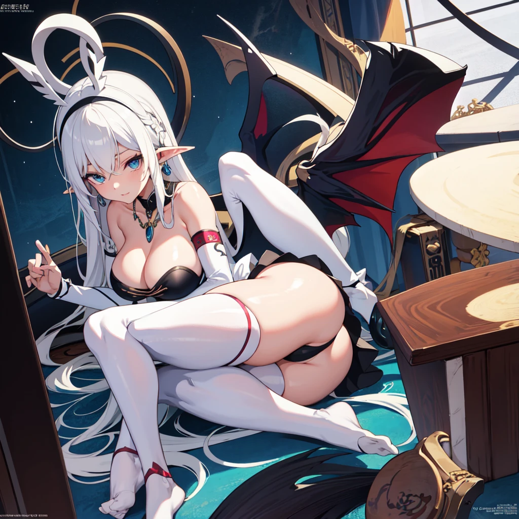 ass, sitting, solo, behind, panties, butt focus, wide hips, anime girl with long white hair and elf ears, elf ears girl, solo, seductive anime girl, very beautiful anime succubus girl, cute anime succubus, cute anime bat wings, white haired deity, cute anime succubus, perfect anatomy, pale skin, big breasts, big thighs, slim body.  bat humanoid, white hair, skin pale ,1girl, hairlong , HDR, Volumetric Lighting, octane rendering, 8k, ultra high definition, female hourglass body, sexy positions, different types of sexy dresses, big breasts, big hips, full body image, Big thighs, from below, Big breast, big ass, thicc, perfect fingers, pefeiro body, perfect legs, perfect arms, expressive eyes, heart tattoo, beautiful, milf, earrings, necklace, provocative.