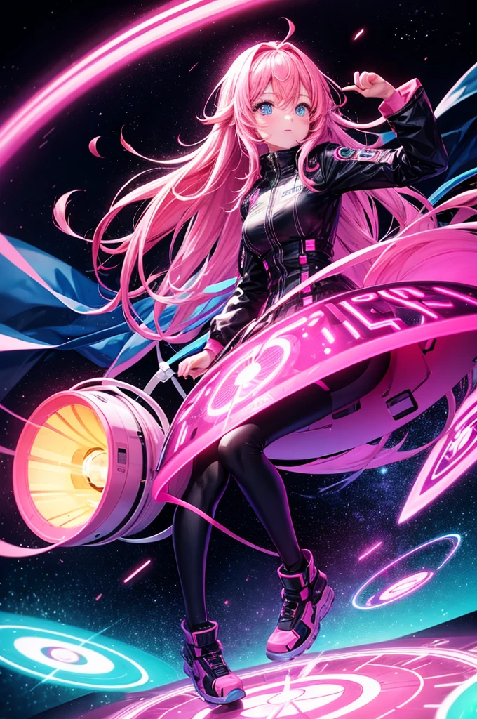 woman with long pink hair, evening, Neon, Flying saucer, Kidnapping, galaxy background, neon lights, black clothes with led, 4k