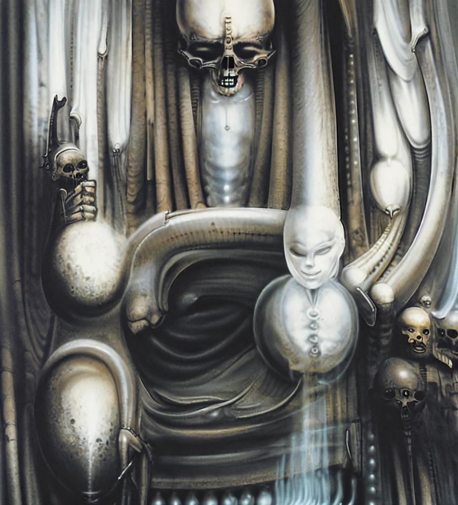  girls from this artwork, in the style of otherworldly grotesquery, sci-fi baroque, photorealistic painting, darkly comedic, precisionist, devilcore, skeletal, monster core, Horror HR Giger