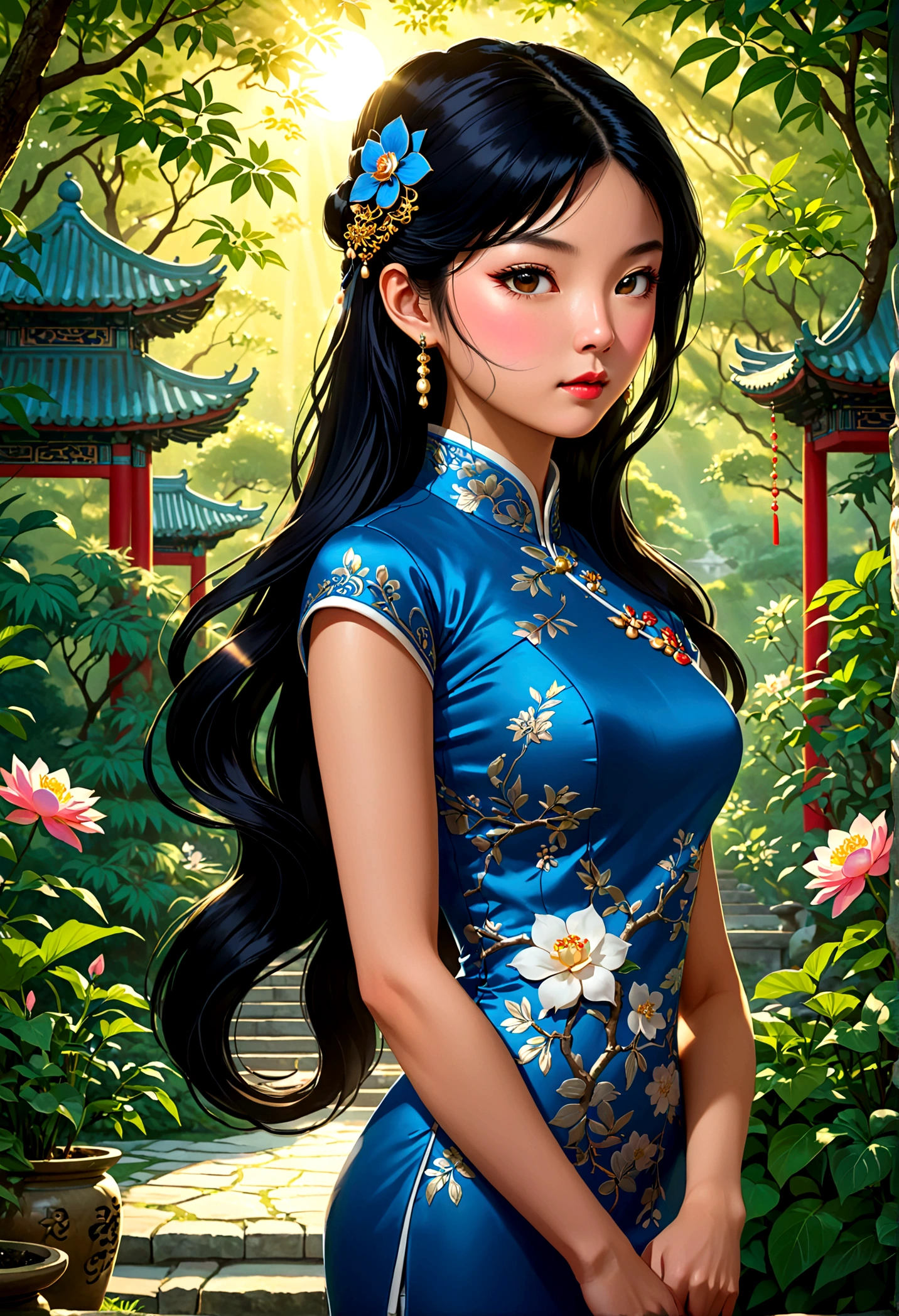 1girl, Cheongsam, Qipao, A woman wearing a beautiful blue cheongsam, long black hair, elegant, graceful pose, detailed facial features, glowing skin, ornate jewelry, outdoor garden setting, sunlight filtering through trees, lush greenery, intricate floral patterns, cinematic lighting, highly detailed, 8k, masterpiece, best quality, very aesthetic, absurdres