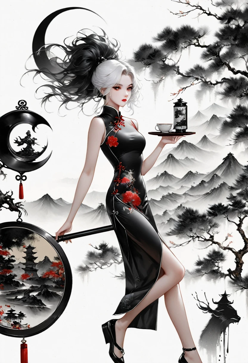 (Lots of white space:1.5),(Lots of white space around:1.6), White background, simple, Minimalism, abstract,Freehand,Aesthetic,black and white,Ink Painting,antiquity,a mountain,A girl drinking tea in the distance,(cheongsam:1.7),A beautiful artistic illustration, author:Li Song, Arte no estilo de Guweiz, arte shin jinyoung, Obra-prima de Guweiz, Ross chart 1. 0, Beautiful digital illustrations, Inspired by non-WLOP, Cute and cute digital art, jingna zhang, Guweiz, Stunning digital illustrations