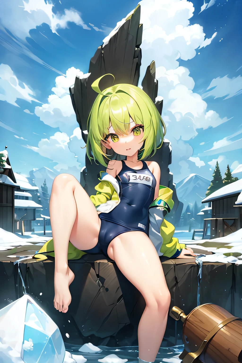 high quality、最high quality、Complete limbs、Ultra-high resolution、Vibrant colors、Yellow-green hair、Very short hair、Bobcut、Long Intake、long sideburns、Long Ahoge、Outside flip、Sparkling eyes、Brown Eyes、Droopy eyes、Full Finger、Coquettish、Dark blue school swimsuit、School Swimsuit、Off the shoulder、short white jacket、surprised、Snow Country、ruins、Ice axe、scoop