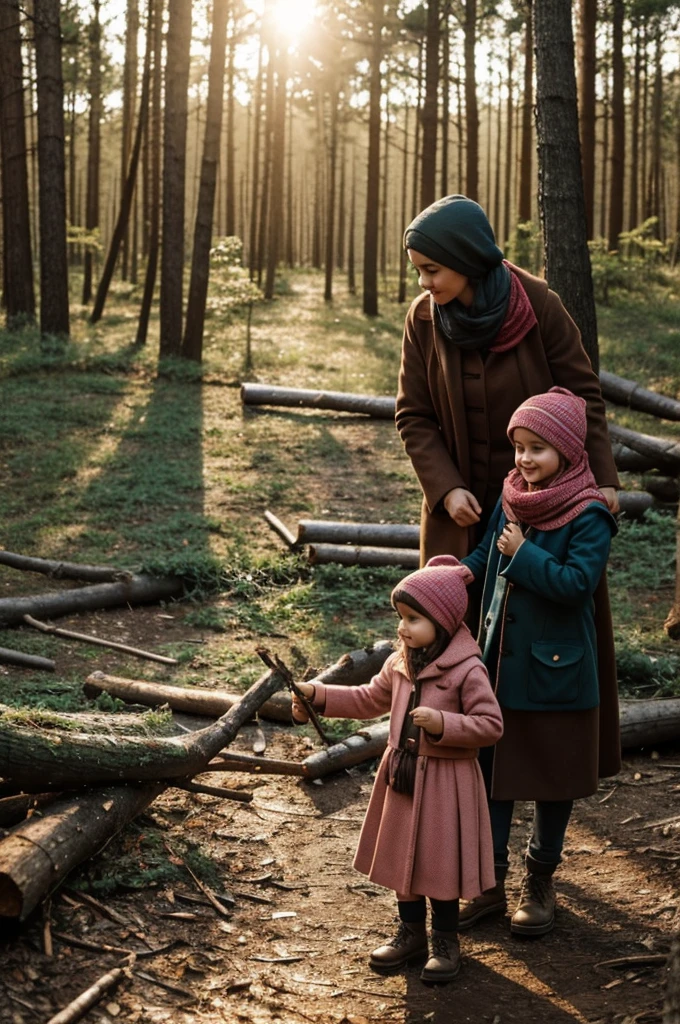 A girl with her mother in the forest looking for firewood