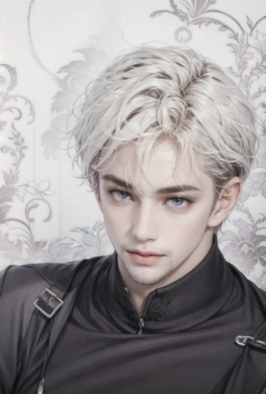 A stunningly lifelike portrait captures a 26-year-old man with silver hair, blue eyes and handsome European features. 