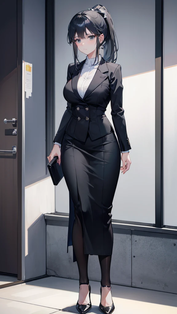 A neat high ponytail，Wearing a grey business dress，White shirt and black high heels。
This combination makes the graceful curves of adults