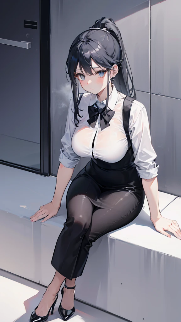 A neat high ponytail,Wearing a grey business dress,White shirt and black high heels。
This combination makes the graceful curves of adults