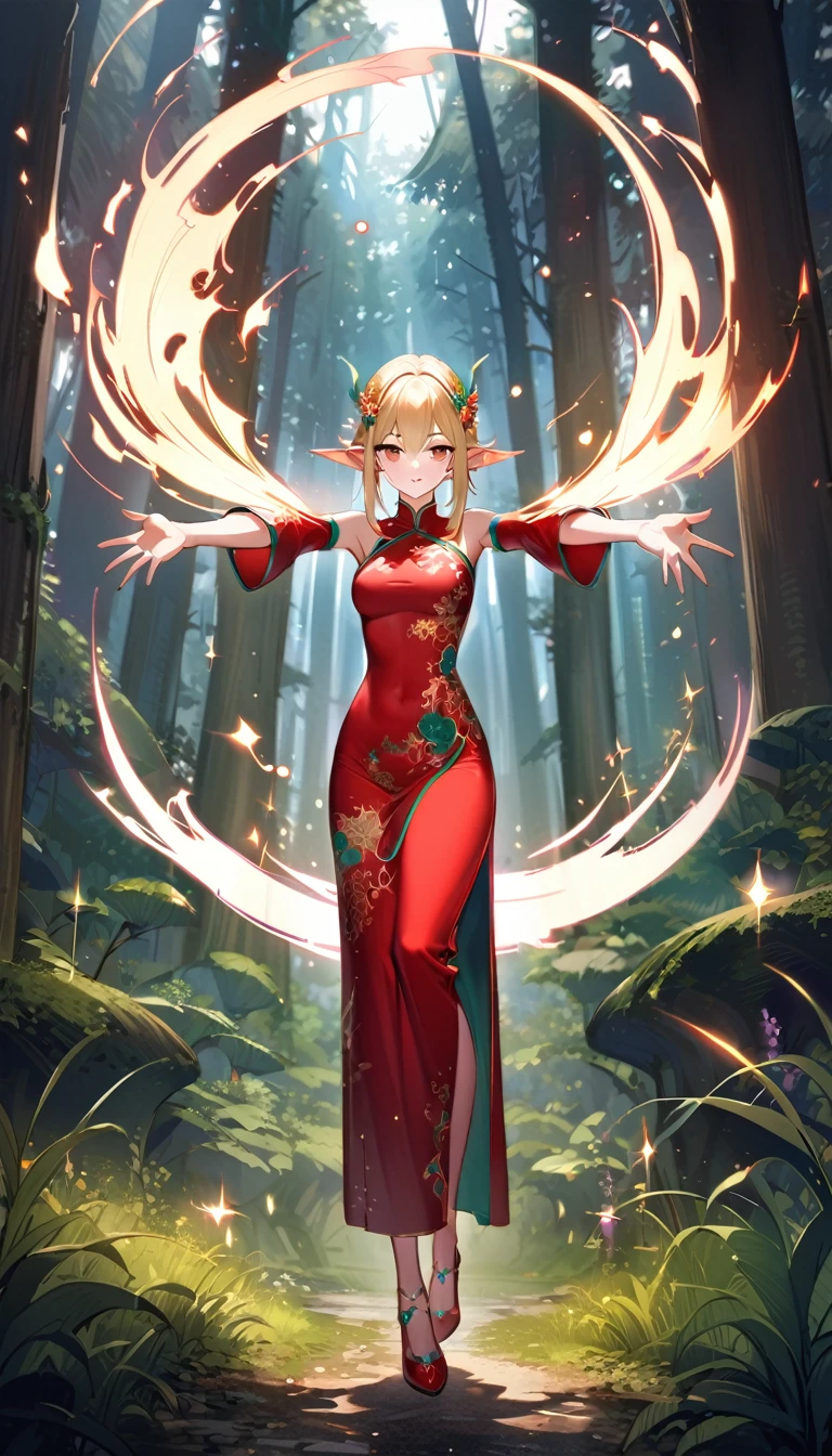fantasy, full body shot, female elf dressed in Cheongsam, beautiful long blonde hair, delicately pointed elf ears, Cheongsam in the color of the forest, intricate decorations resembling trees and leaves, the woman stands with her arms spread, magic, sparks, nature magic, immersive background of fantasy forest