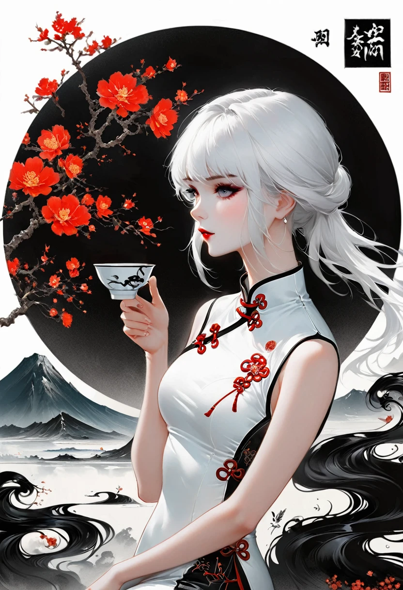 (Lots of white space:1.5),(Lots of white space around:1.6), White background, simple, Minimalism, abstract,Freehand,Aesthetic,black and white,Ink Painting,antiquity,a mountain,A girl drinking tea in the distance,(cheongsam:1.7),A beautiful artistic illustration, author:Li Song, Arte no estilo de Guweiz, arte shin jinyoung, Obra-prima de Guweiz, Ross chart 1. 0, Beautiful digital illustrations, Inspired by non-WLOP, Cute and cute digital art, jingna zhang, Guweiz, Stunning digital illustrations