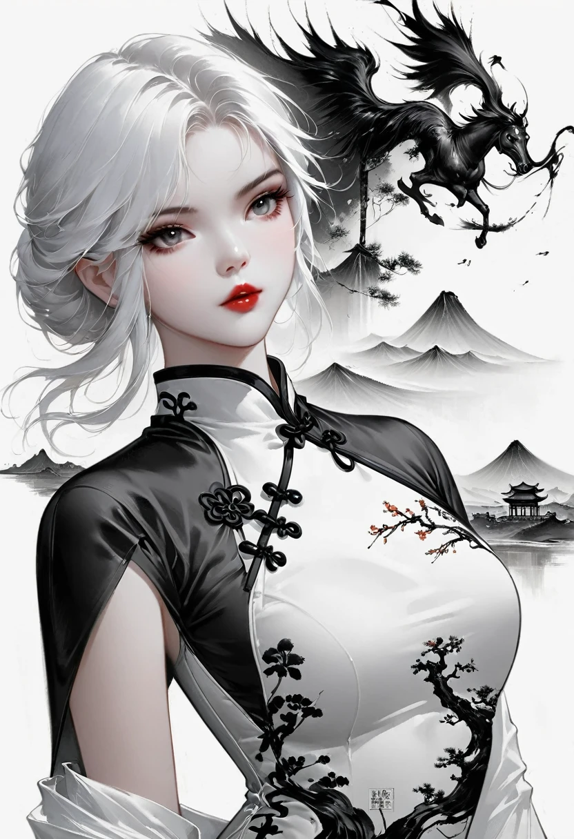 (Lots of white space:1.5),(Lots of white space around:1.6), White background, simple, Minimalism, abstract,Freehand,Aesthetic,black and white,Ink Painting,antiquity,a mountain,A girl drinking tea in the distance,(cheongsam:1.7),A beautiful artistic illustration, author:Li Song, Arte no estilo de Guweiz, arte shin jinyoung, Obra-prima de Guweiz, Ross chart 1. 0, Beautiful digital illustrations, Inspired by non-WLOP, Cute and cute digital art, jingna zhang, Guweiz, Stunning digital illustrations