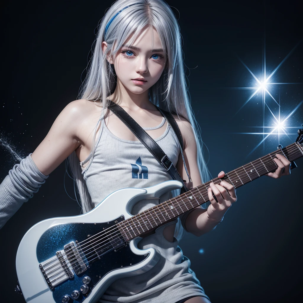 a young warrior with silver hair with blue highlights and sparkling blue eyes, black skin guitar body in anime style