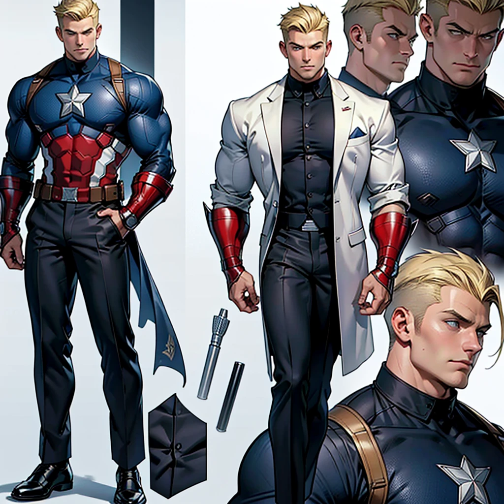 A large complete model sheet of the muscular adult Captain America, short blonde hair in a very light tone, shaved neck. He wears a suit-style outfit with black colors., navy blue and white, black pants and black shoes. Using detailed gauntlets. with multiple poses, Various face angles and facial expressions.