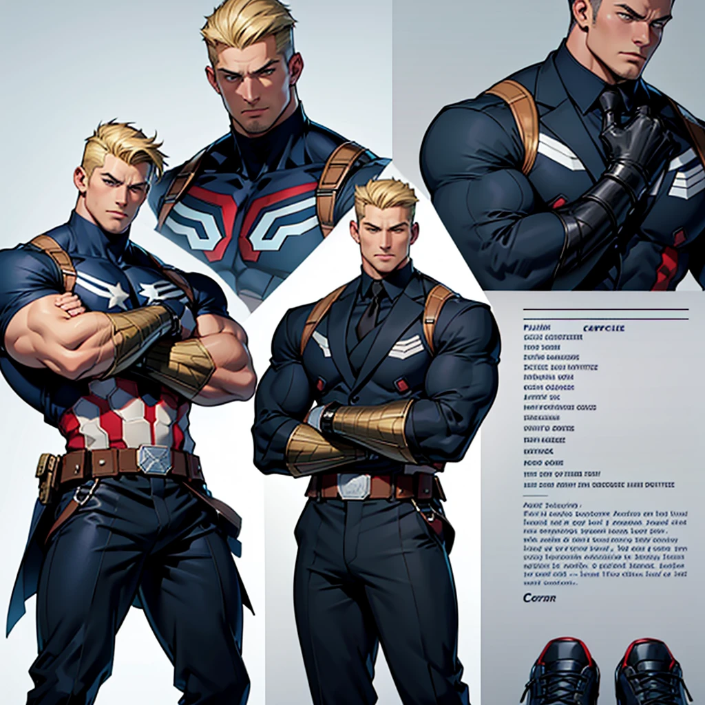 A large complete model sheet of the muscular adult Captain America, short blonde hair in a very light tone, shaved neck. He wears a suit-style outfit with black colors., navy blue and white, black pants and black shoes. Using detailed gauntlets. with multiple poses, Various face angles and facial expressions.
