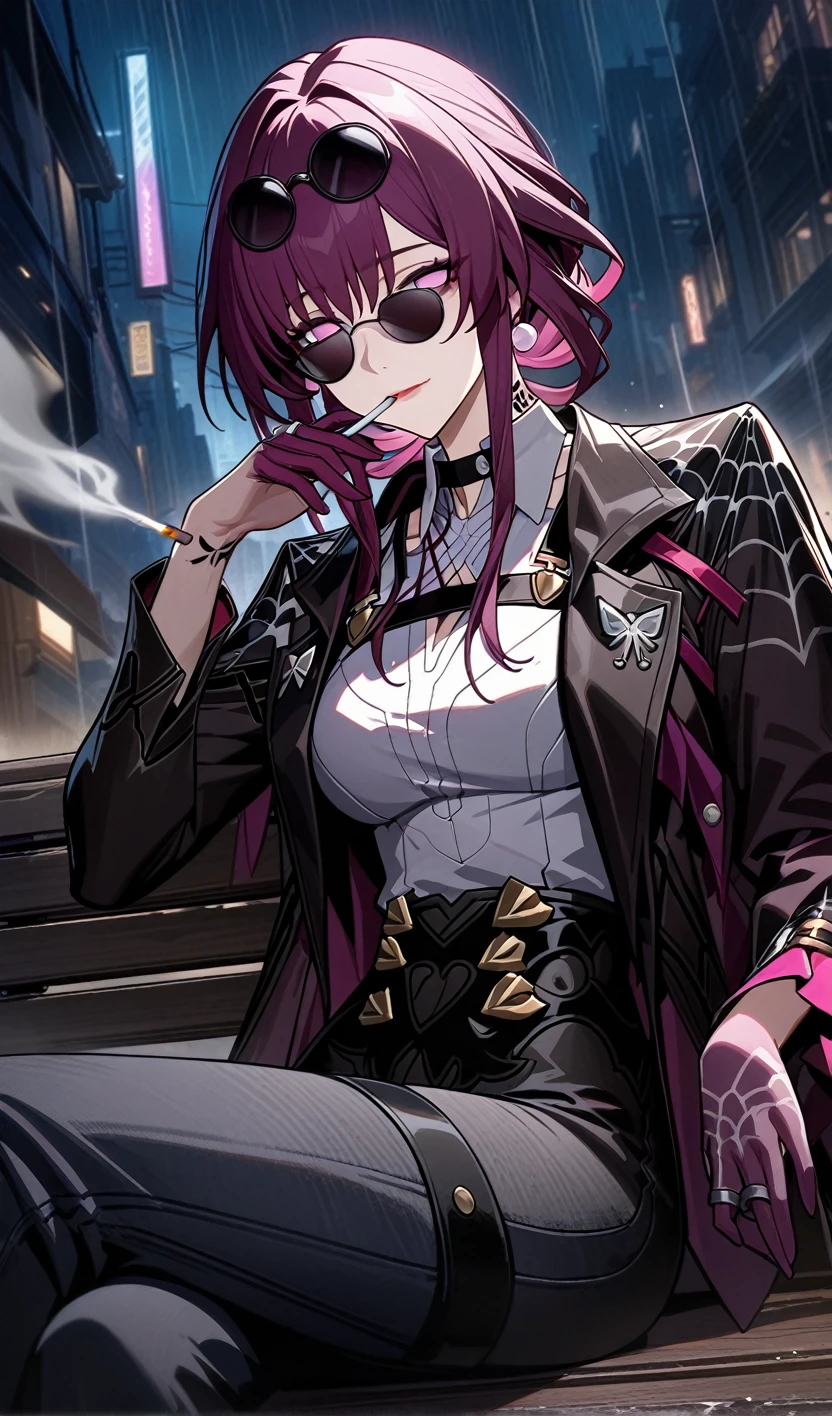 kafka from honkai star rail,tattoo on the neck and arm,wear black modern T-Short and black modern jeans,sunglasses,Sitting on a bench,smokes a cigarette,cigarette smoke, sad face, depress, night city,rain, (best quality), ultra high res, professional artwork, ultra detailed, intricate, detailed face,
