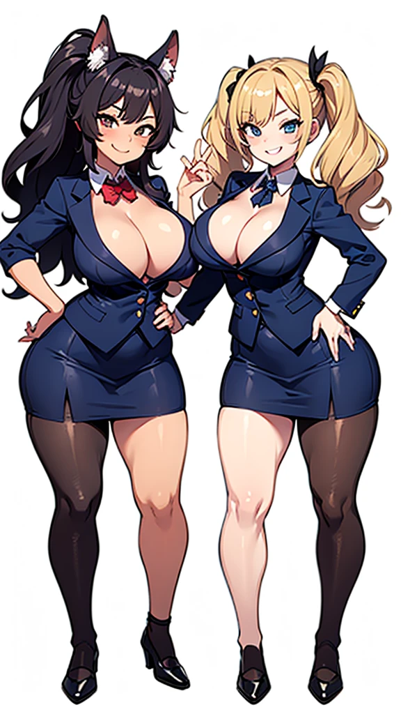 two sexy women, seductive smiles, various hairstyles, kindergarten teacher outfits, fully white background, full body