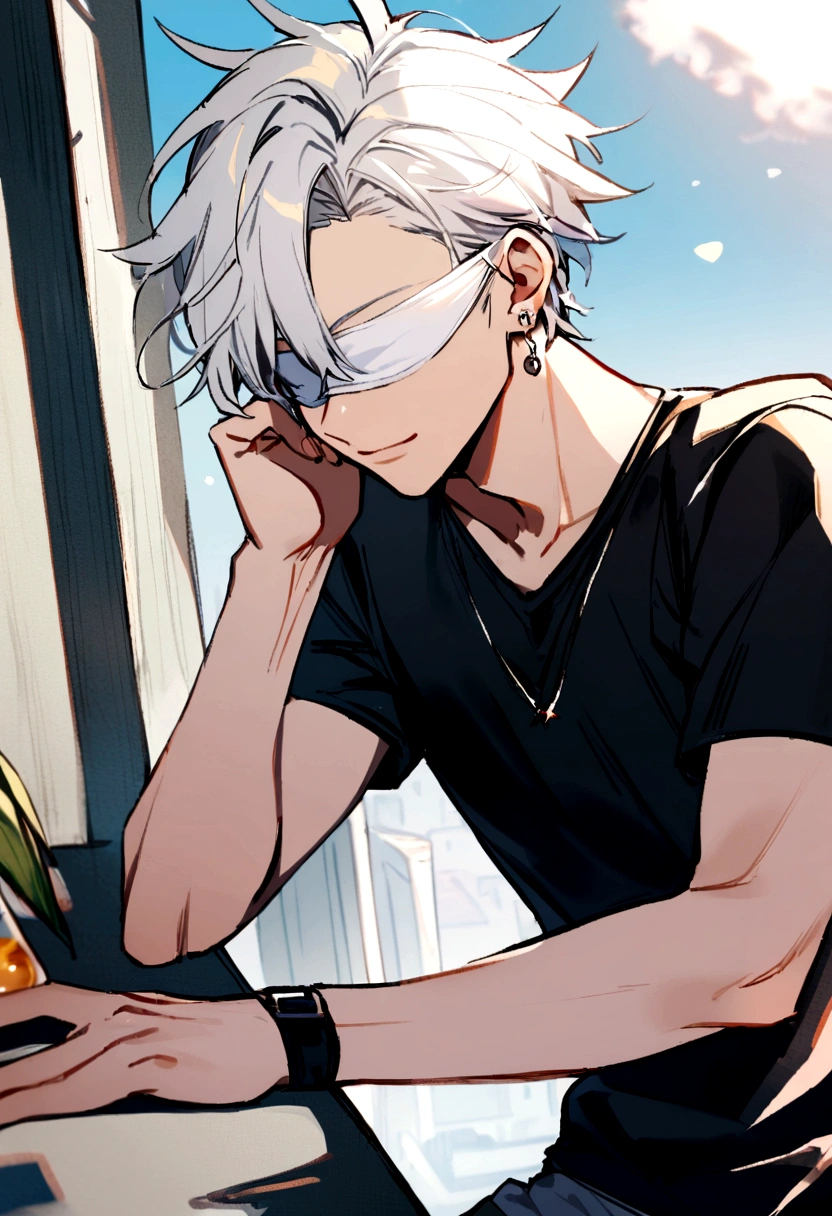 1 boy, white blindfold, short white hair, tight black shirt, white earrings