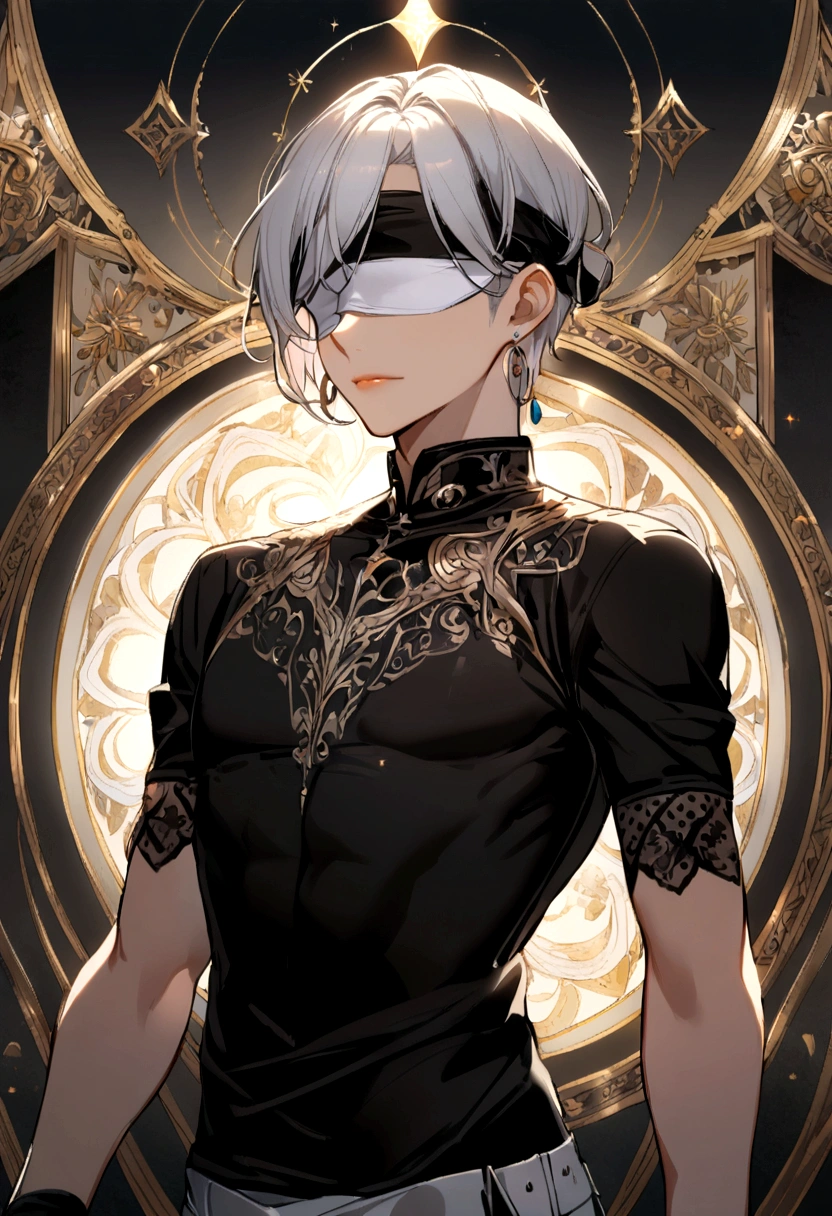 1 boy, white blindfold, short white hair, tight black shirt, white earrings