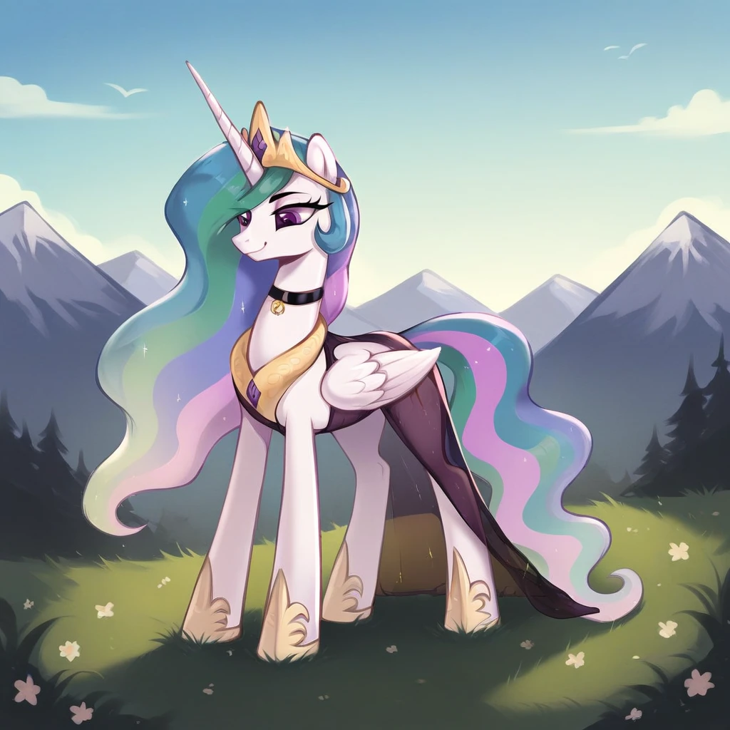 score_9, score_8_up, score_7_up, score_6_up, score_5_up, score_4_up, rating_explicit, outdoors, purple (see through dress and neck choker), solo, feral pony, princess celestia, evil smile, closed mouth,BREAK mountain, day, sky, flower, mountainous horizon, blue sky, grass