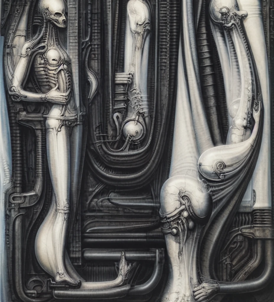 biomechanoid style, nsfw, Giger_style, The image is a detailed view of H.R. Giger's \" Li II \" plate, featuring a complex network of bones and organs in a purple-brown hue ,swirling gray and brown colorsgroup of three alien figures positioned in the foreground. Emaciated and skeletal, with hollow eyes, they appear to be constructed from bone and metallic elements, a characteristic fusion of organic and mechanical forms found in Giger's biomechanical art. The image features a surrealistic painting featuring a woman with a skull for a head, surrounded by monstrous, tentacled beings., standing in a room with a glowing screen displaying the word \"EVE\" and a hand reaching out to touch its face. The background is a dark and limited space painted in a uniform blue-green color. This lack of detail keeps the focus on the figures and creates a sense of mystery about their environment. Receding into the distance are a series of arches and tunnels that hint at a larger biomechanical landscape, possibly the work of the creatures themselves The artwork is silver and purplish brown, with an ivory bones prominently displayed. This piece is likely created using pen and ink wash. The fine lines used to outline the foreground figure and the textures on the floor are consistent with pen and ink work. The background shows areas of flat tone and shading, which could have been achieved using a wash of ink or watercolor. The artwork leans heavily on dark surrealism. The central figure is humanoid but distorted, with an elongated head and insect-like protrusion on its back. The scale of the figure in relation to its surroundings is unnatural, further contributing to the surreal atmosphere. There are subtle influences of biomechanical art present. The organic form of the humanoid figure is integrated with technological element This piece is likely created using pen and ink wash. The fine lines used to outline the foregrou