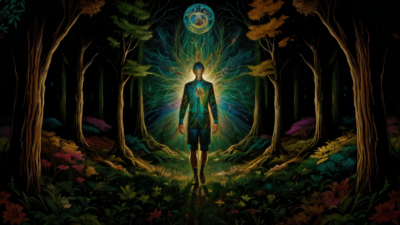 painting of a man in a forest with a bright sun, estilo and mumford e alex gray, psytrance art, astral appearance, in the style dan mumford artwork, James R. ears, El Bosco e Dan Mumford, dmt background, psychedelic illustration, Anton Fadeev e Dan Mumford, inspired por Dan Mumford, por Dan Mumford