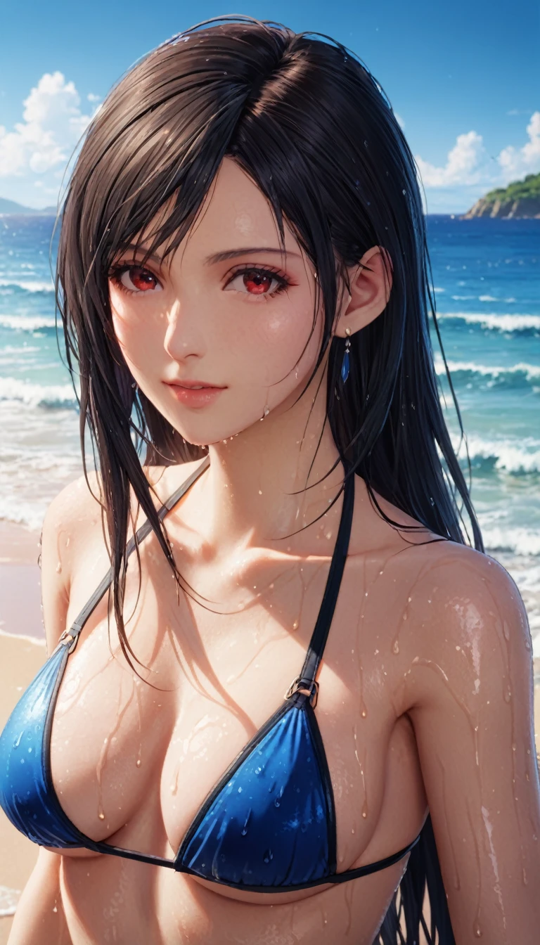 best quality,masterpiece, an extremely delicate and beautiful, CG,extremely detailed ,highres, extremely detailed,depth of field, 1girl, tifa_lockhart,beautiful detailed girl,black_hair, long_hair, beautiful detailed red eyes, makeup,light on face,(wet skin:1.5),Bikini,hot,blue sea, blue sky, Beach,(cowboy shot:1.2)