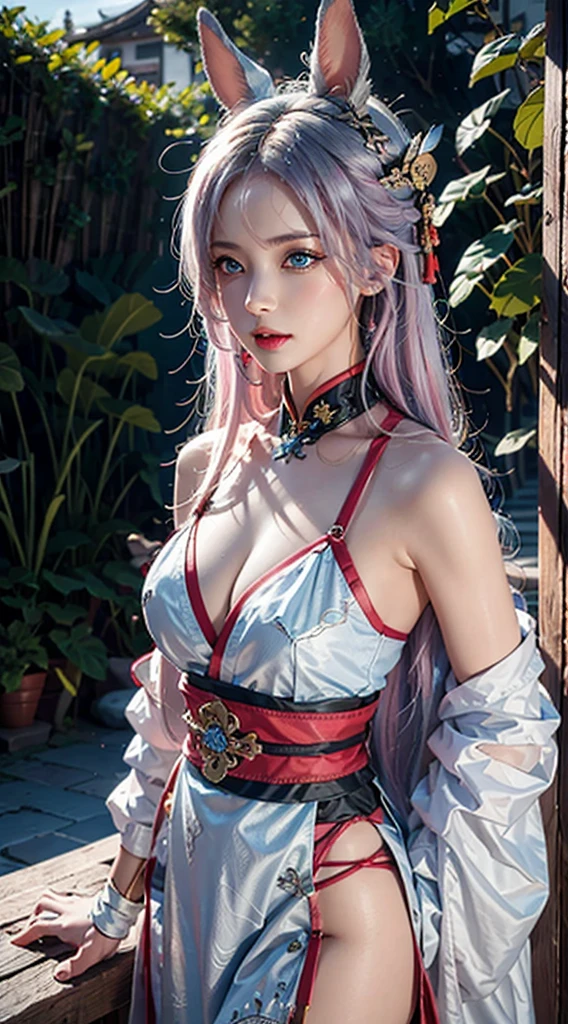 realistic, masterpiece, realistic, High resolution, soft light, hip up, (blue eyes, pink hair), fake bunny ears, Hanfu, jewelry, tattoo, Woman in white dress and feathers standing on black background, In monster hunter armor, warrior outfit, Whole Xianxia, Female characters, Wear monster hunter armor., Kitsune-inspired armor, As a character in Tekken, Tifa, Highly detailed characters, katana zero video Game characters, Fantasy set, Northern Adult Female Warrior, Game characters, video Game characters