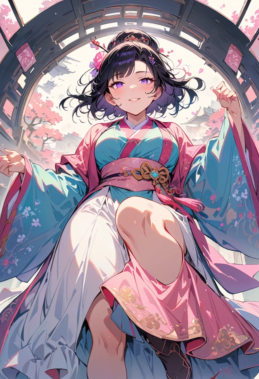 (masterpiece, best quality:1.2), 1 woman, Hanfu, （Dress conservatively：1.3）, (delicate and beautiful face:1.8), mature, laugh, black hair, hairpin, purple eyes, beautiful bridge, (ink stain) beautiful portrait, clothing ink style, traditional china painting, ink bismuth, from below, masterpiece, high details,full body, Armor