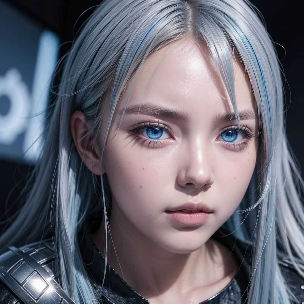 a young warrior with silver hair with blue highlights and sparkling blue eyes, black skin in anime style