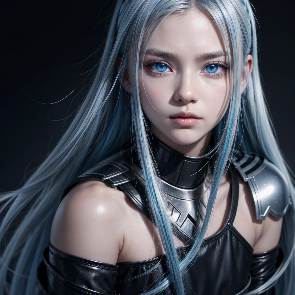 a young warrior with silver hair with blue highlights and sparkling blue eyes, black skin in anime style
