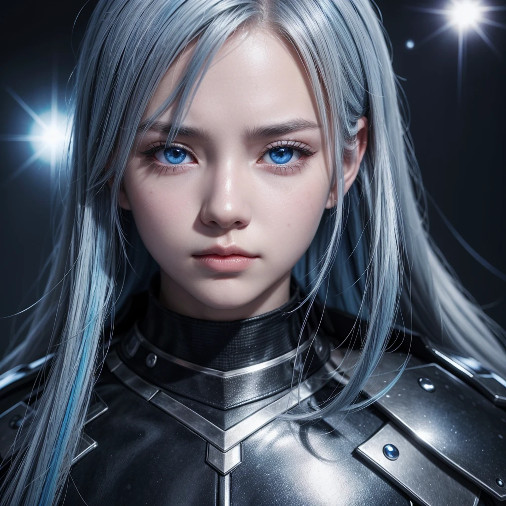 a young warrior with silver hair with blue highlights and sparkling blue eyes, black skin in anime style