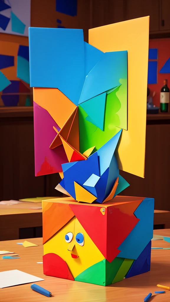 create an abstract composition with paper cubism+create hand drawn picasso style illustration+abstract+fusion: alcohol ink+3D