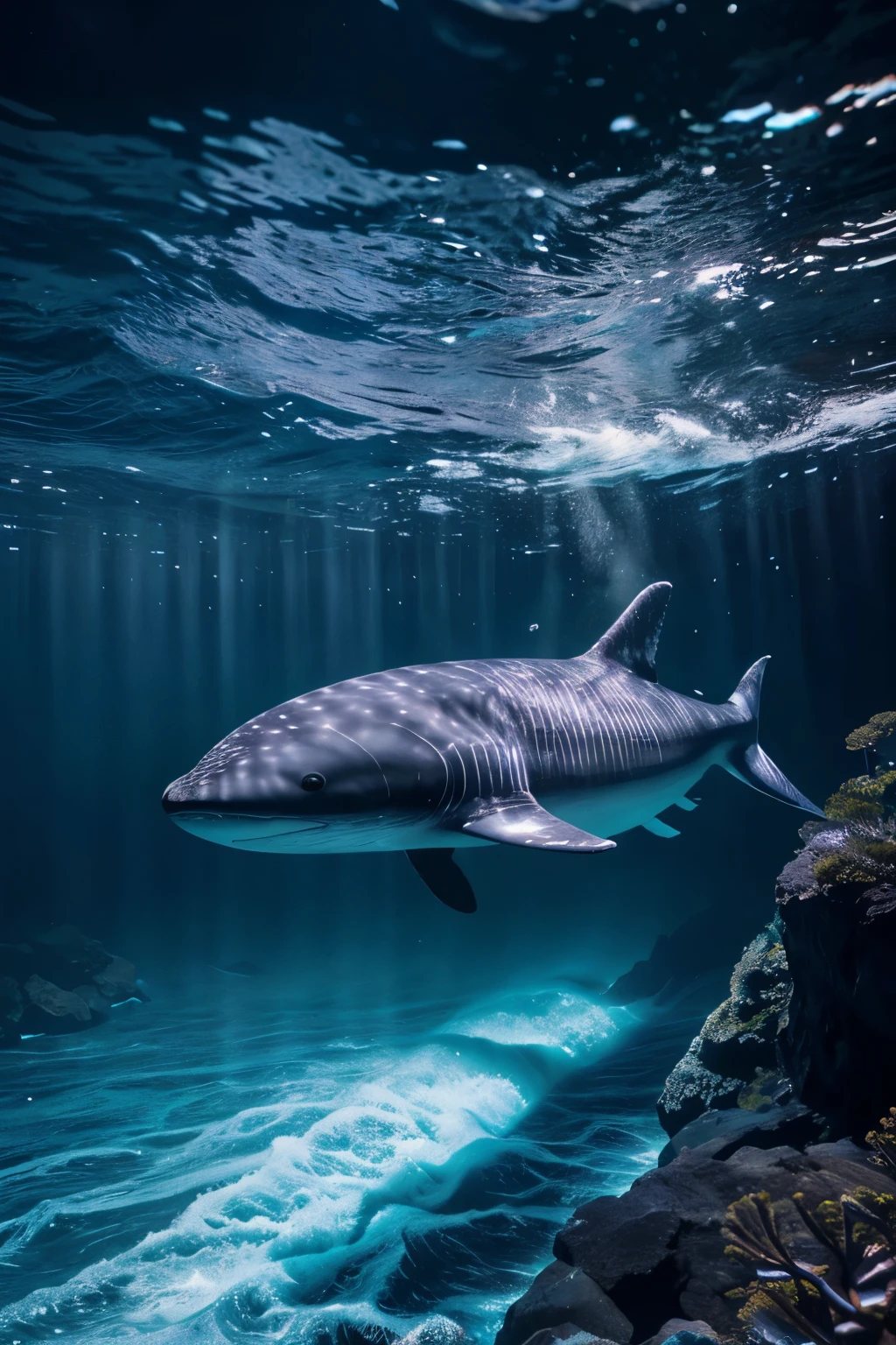 a huge blue whale swimming in the deep blue ocean, detailed whale skin texture, traditional japanese wave patterns on the whale's body, serene ocean with soft lighting, underwater scene, ethereal, glowing, (best quality,4k,8k,highres,masterpiece:1.2),ultra-detailed,(realistic,photorealistic,photo-realistic:1.37),intricate details,vibrant colors,cinematic lighting,dramatic composition,stunning scenery