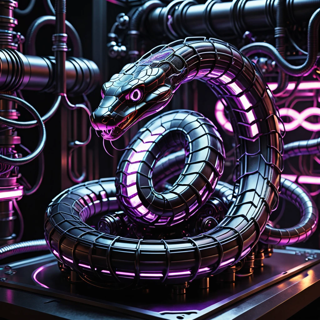 A high-resolution image of a mechanical snake, intricately designed and powered by a glowing purple nuclear core. Its body is made of matte black metal segments, connected seamlessly. The snake is interlaced with wires, cables, and pipes running along its length, with visible gears and screws adding to its complexity. The background is a dark, futuristic industrial setting, with the purple glow from the nuclear core casting a subtle light on the snake’s matte black metal and intricate components. The scene exudes advanced technology and a sense of formidable power.
