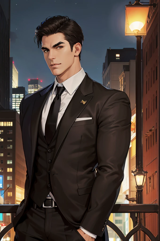 (absurdres, highres, ultra detailed, realistic, ), 1 male, solo, adult, mature, tall muscular guy, broad shoulders, handsome, very short hair, black hair, brown eyes, angular jaw, thick neck, thick eyebrows, night, dark, the night view of the city background, formal suit, necktie, upper body
