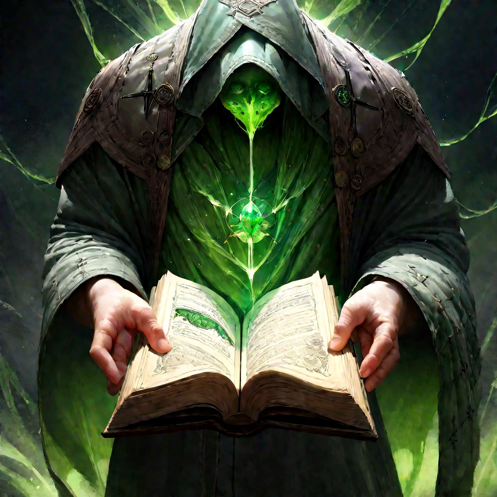 The Grimoire is of considerable size, often large enough to require both hands to carry. Its cover is adorned with intricate magical symbols and patterns that seem to shift and change when observed closely. has green flowing energy,  realistic, ultradetailed, hd, sharp shot, masterpiece, dramatic, epic, poison, toxin, skill book