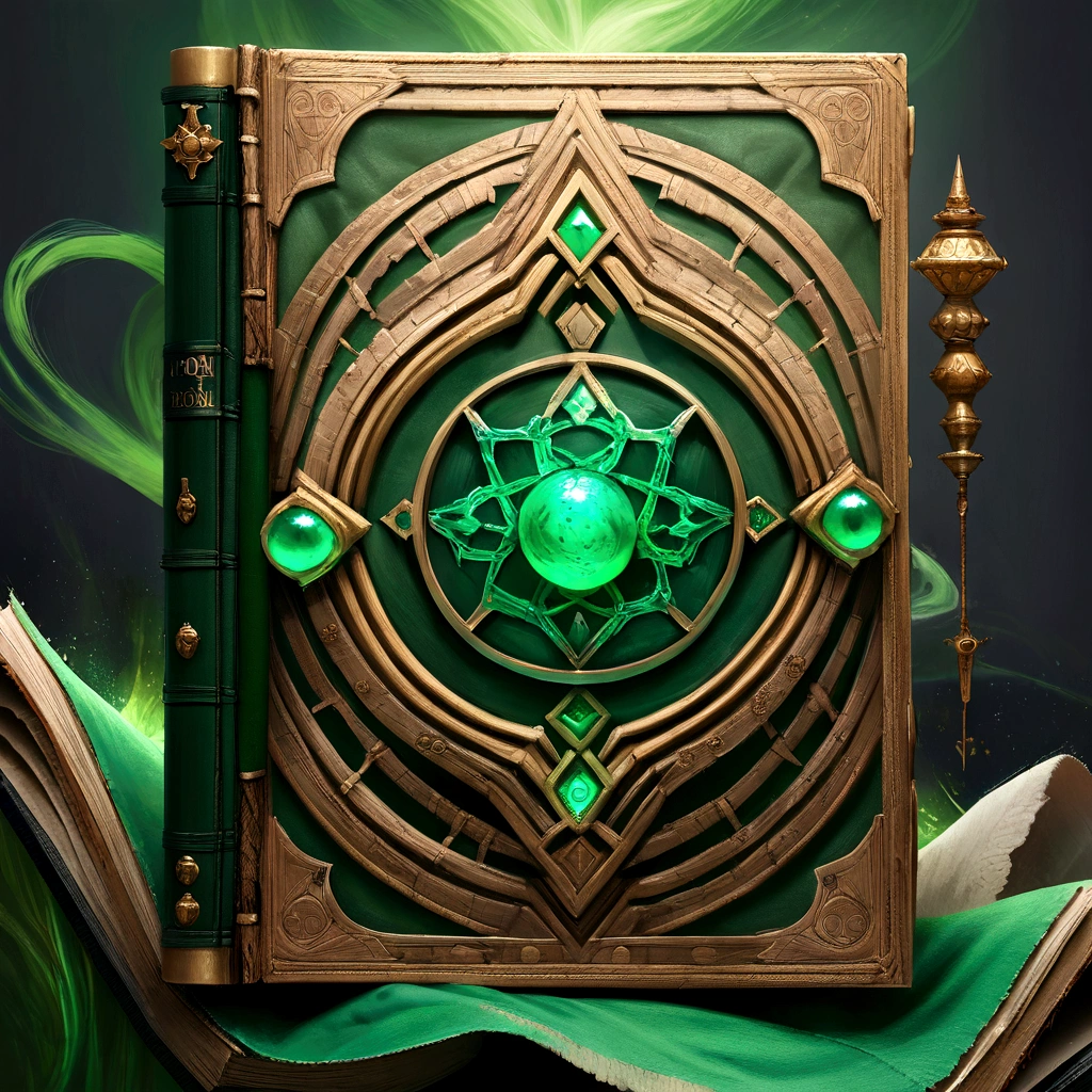 The Grimoire is of considerable size, often large enough to require both hands to carry. Its cover is adorned with intricate magical symbols and patterns that seem to shift and change when observed closely. has green flowing energy, realistic, ultradetailed, hd, sharp shot, masterpiece, dramatic, epic, poison, toxin, skill book