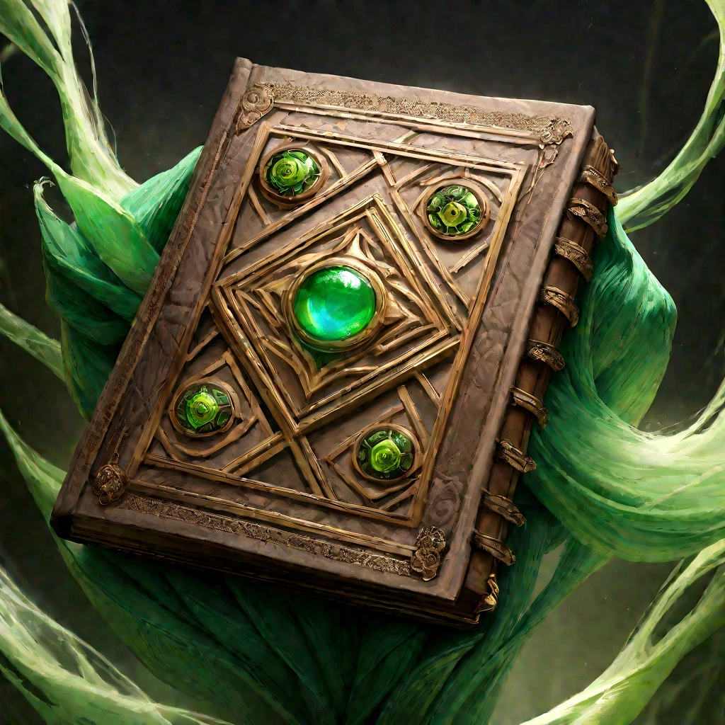 The Grimoire is of considerable size, often large enough to require both hands to carry. Its cover is adorned with intricate magical symbols and patterns that seem to shift and change when observed closely. has green flowing energy, realistic, ultradetailed, hd, sharp shot, masterpiece, dramatic, epic, poison, toxin, skill book