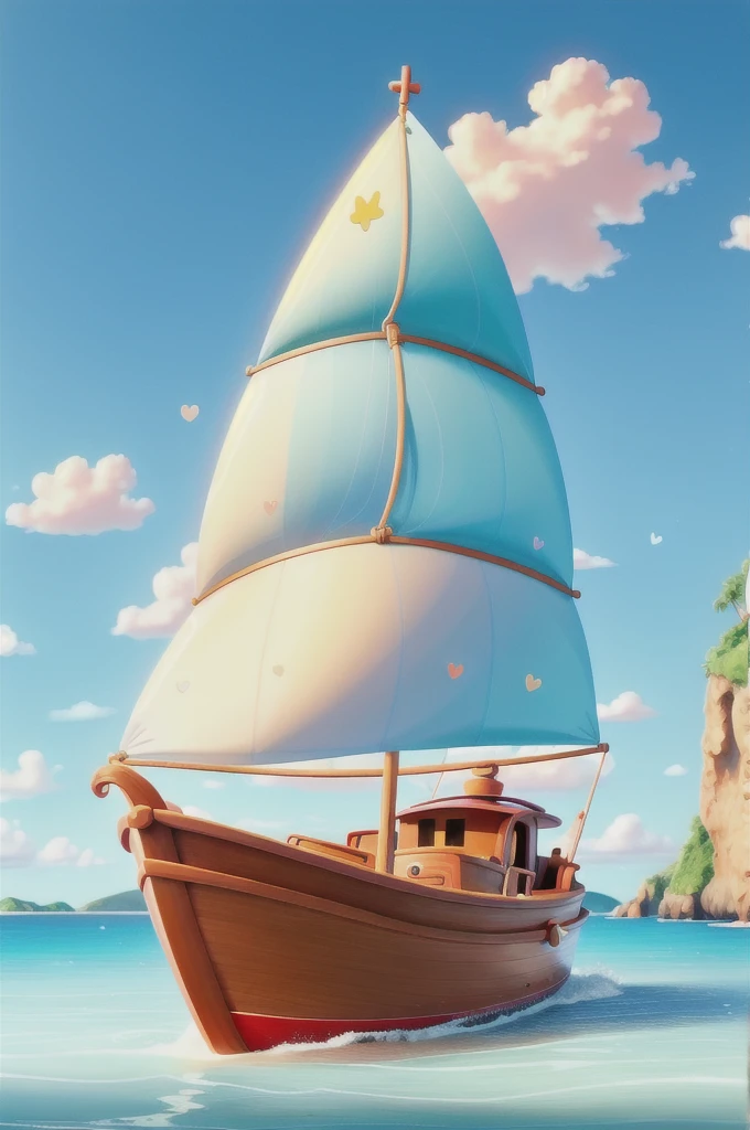 "Digital 3D animation style illustration of a touching scene on a magical island with a beautiful heart in a boat. The colors are vibrant, and the overall atmosphere is joyful and uplifting. The style resembles popular animated films, featuring detailed textures, realistic lighting, and expressive characters. The island is lush with fantastical flora, and the boat floats gently on clear, sparkling waters under a bright, cheerful sky."