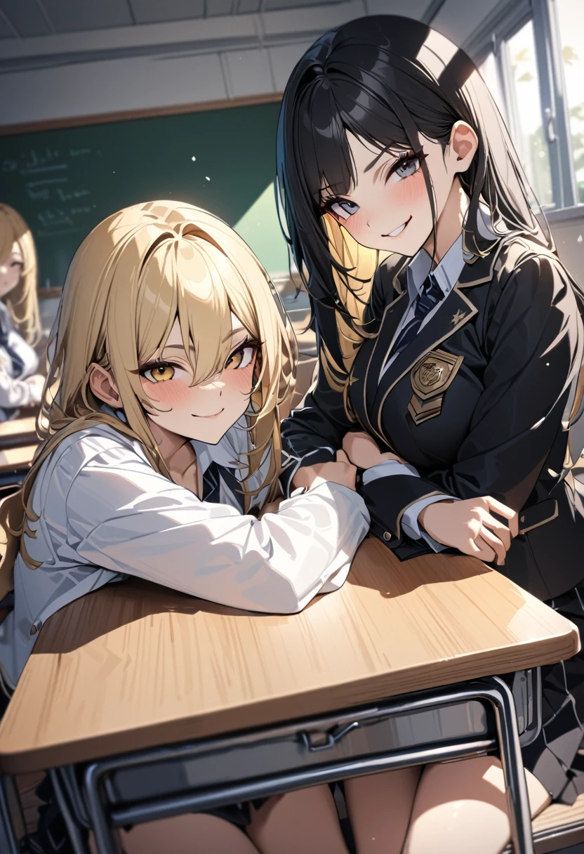 (award winning, 8k, super detailed, high resolution, best quality) , photography, (two girls), one girl with blonde hair smirk, other girl with black hair timid, (sitting side by side at desk), ((beautiful girls)), set in classroom.