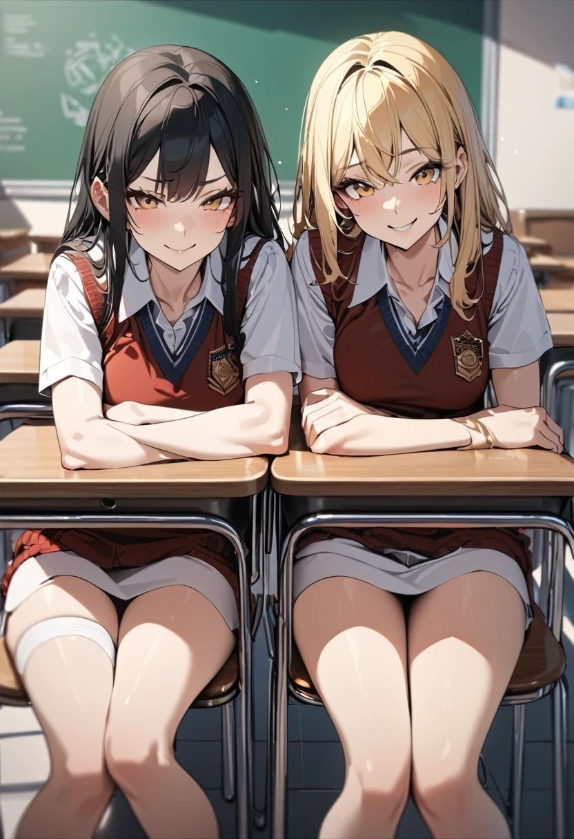 (award winning, 8k, super detailed, high resolution, best quality) , photography, (two girls), one girl with blonde hair smirk, other girl with black hair timid, (sitting side by side at desk), ((beautiful girls)), set in classroom.