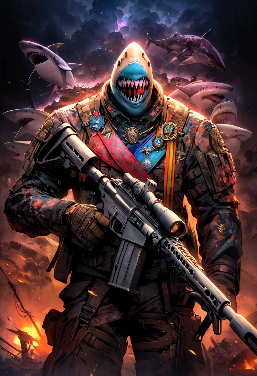 Shark with rifle and military clothing with medals of honor apocalyptic dark background 