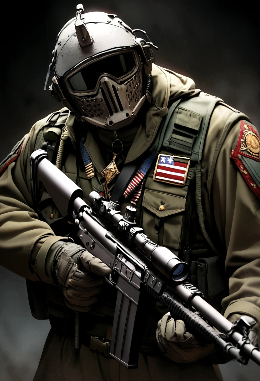 Shark with rifle and military clothing with medals of honor apocalyptic dark background
