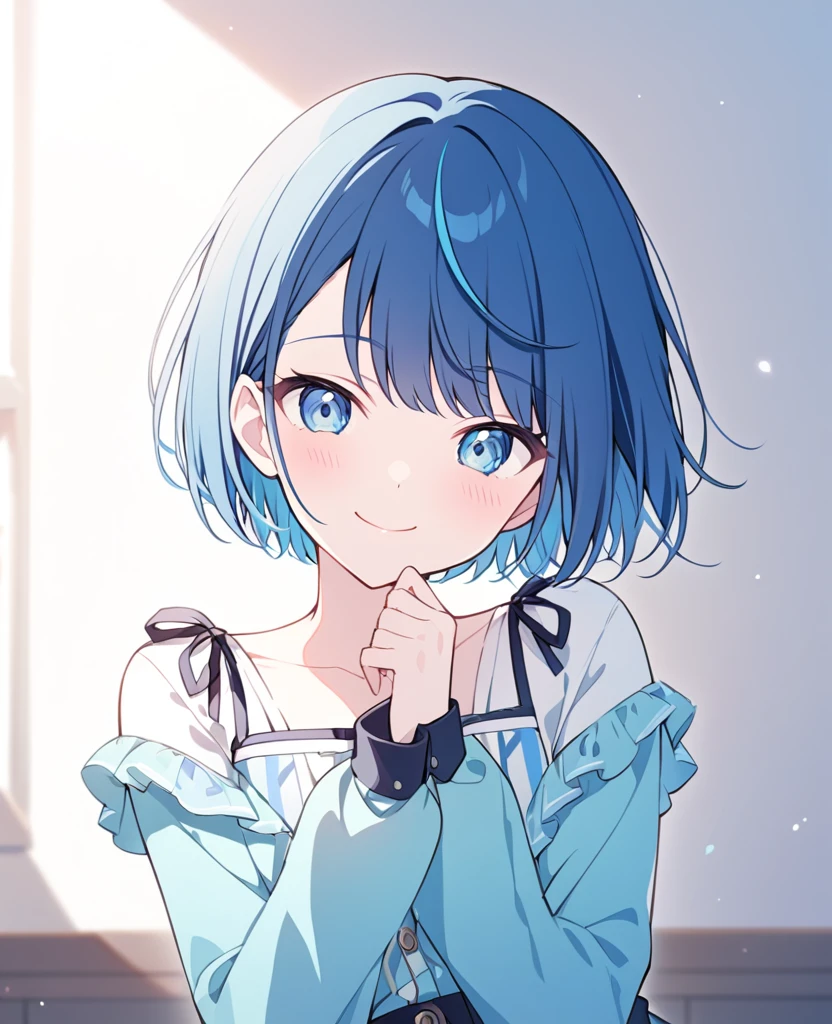 One girl,alone,kiritani haruka,Blue Hair,Blue Eyes,project sekai,Short Hair,cute,cute,smile,