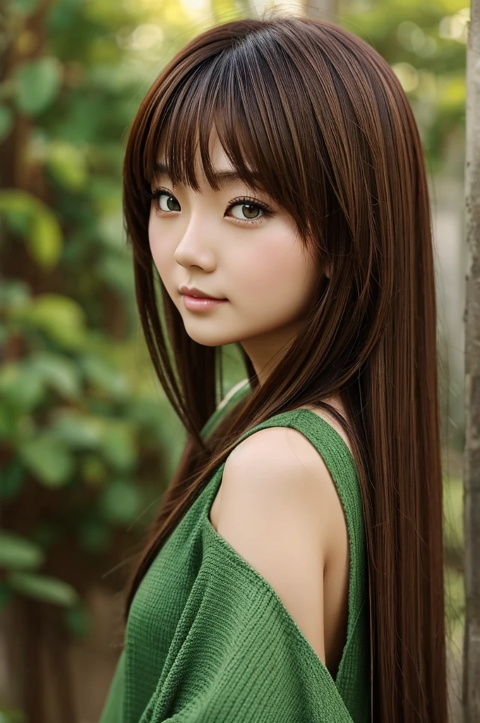 Chinese anime style girl with brown hair and green eyes