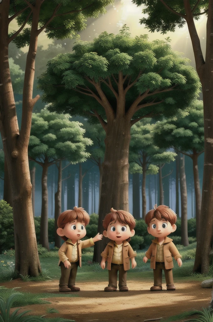 "Digital 3D animation style illustration of a touching scene with three sick trees looking fearful in a dark forest. Despite the somber setting, the colors are vibrant, and the overall atmosphere is joyful and uplifting. The style is similar to popular animated films, with detailed textures, realistic lighting, and expressive characters. The trees have expressive faces showing their emotions, and shafts of light break through the canopy, casting a warm, hopeful glow on the scene."