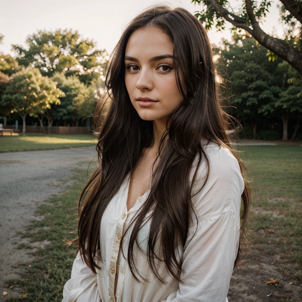 A photorealistic portrait of a 25-year-old American girl with long, flowing dark hair and striking dark eyes. She should have a natural, approachable expression and be illuminated by soft, golden-hour sunlight. The background should be a scenic outdoor setting, perhaps a sunlit park or beach. Capture this image with a high-resolution photograph using an 85mm lens for a flattering perspective