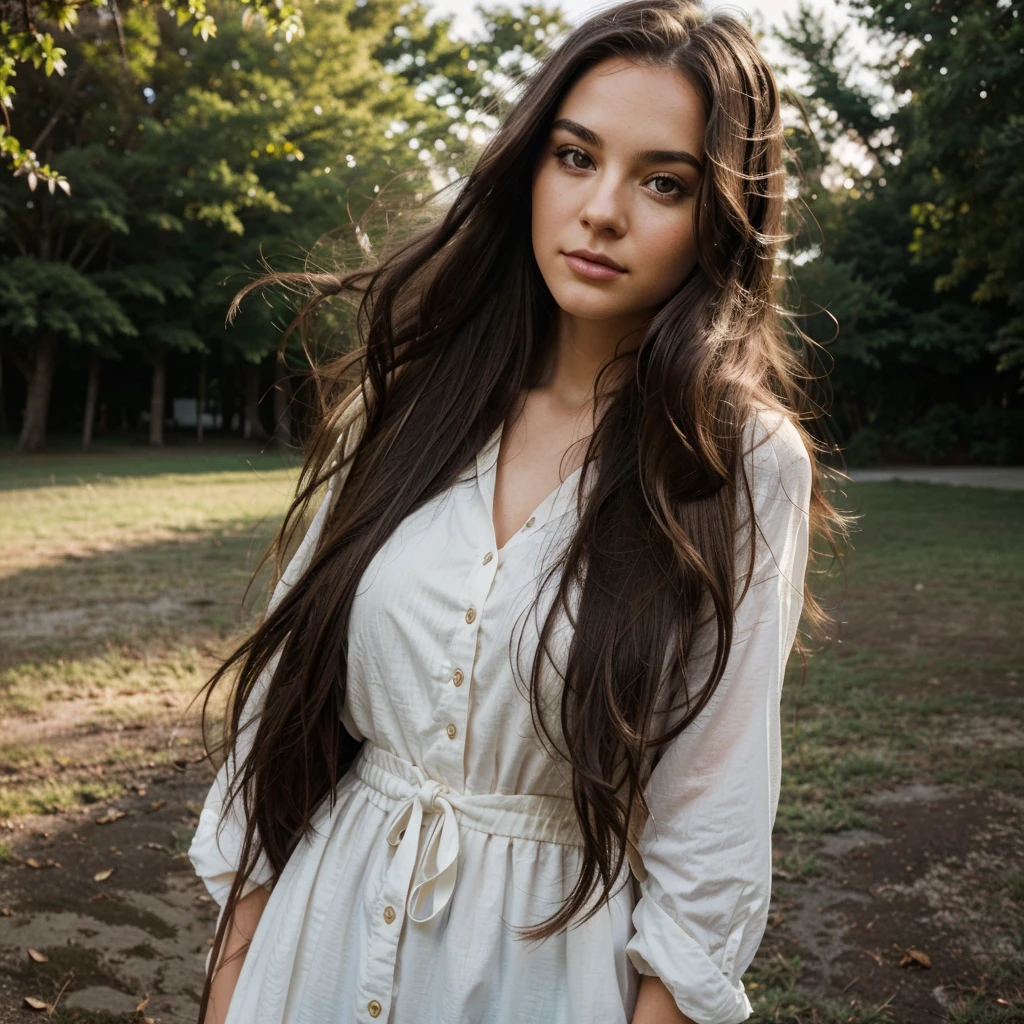 A photorealistic portrait of a 25-year-old American girl with long, flowing dark hair and striking dark eyes. She should have a natural, approachable expression and be illuminated by soft, golden-hour sunlight. The background should be a scenic outdoor setting, perhaps a sunlit park or beach. Capture this image with a high-resolution photograph using an 85mm lens for a flattering perspective