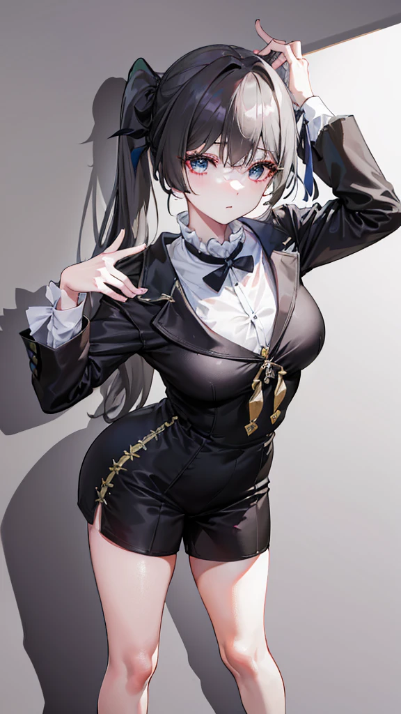 A neat high ponytail，Wearing a grey business dress，白衬衫和black色高跟鞋。This combination makes the graceful curves of adults，Romper（black）