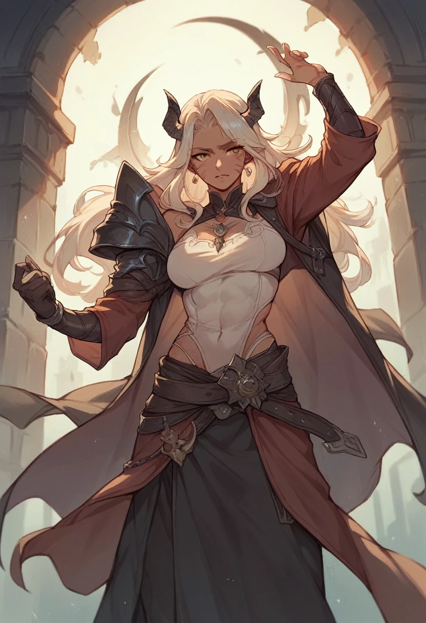((best quality)), (detailed), 1 women dark knight armor, 8k_wallpaper, extremely detailed eyes, (large masterpiece digital art), (intricate details:1.3 ), (ultra-detailed:1.3), (sharp focus:1.3), (natural lighting:1.05), (vivid colors:1.3), (best quality:1.4), expressive eyes, full body, detailed face, beautiful face, perfect face, ((hair sandy white curls)), ((gold horns)), (gold eyes), {{dark skin}}, ({dark skinned female}), big breasts, huge chest, mid-range pelvis and big ass, cruel predatory and cold-blooded arrogant look and smile, an open red coat with rolled up sleeves, an open coat with rolled up sleeves, steel heavy knight armor, a wide orange belt lowered lower with large gold yarn, leather pants with steel thigh guards, leather gloves, steel gold bracers and shoulder pads, dark silver chain mail oversleeves, a medieval marching backpack made of animal skins and fur, walking along the path against the backdrop of the elven ruins of the city and colorful blooming flowers,